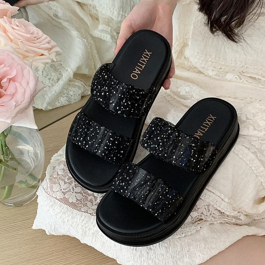 Sweet Cute Thick Heel Double Strap Sandals Summer Fairy Style Net Beach Vacation Beach Cool Women's Slippers Casual round Dot