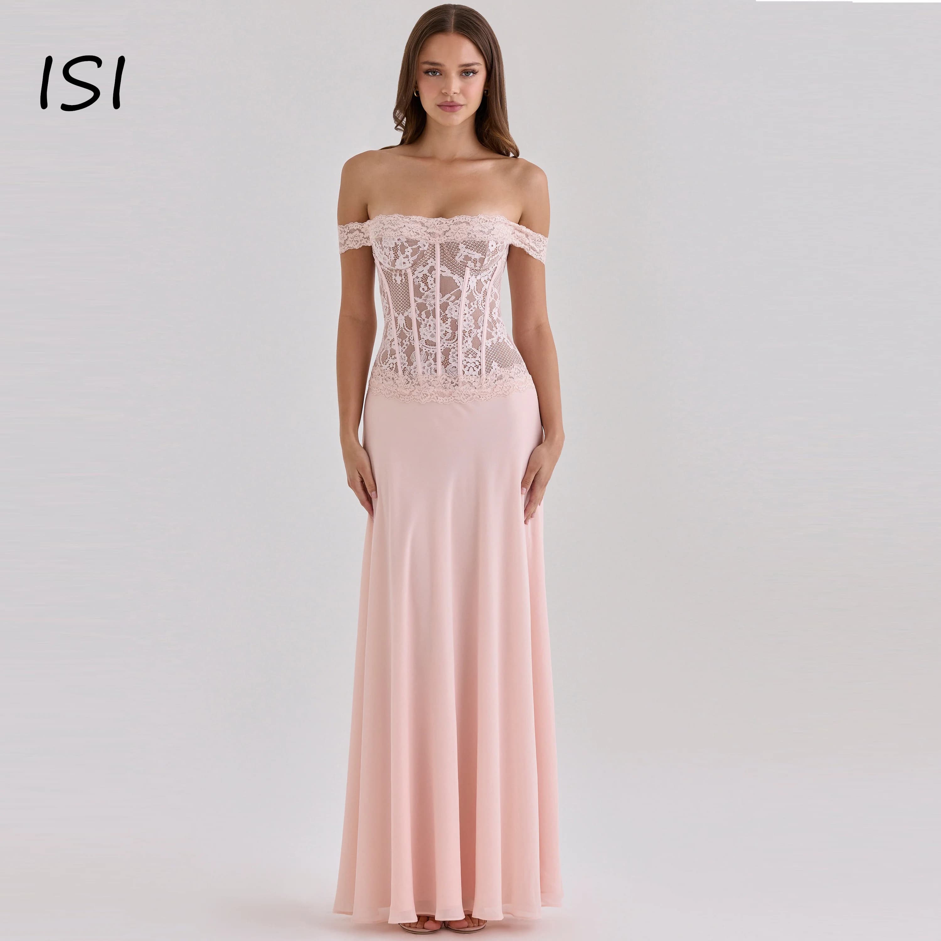 ISI Elegant Pink Mermaid Evening Gown Dress Off The Shoulder Floor-Length Lace Applique Pleat Formal Prom Gown For Woman Customi