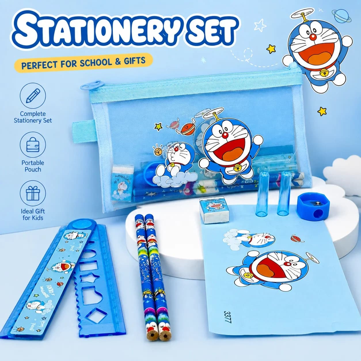 Cute Blue Cartoon Cat Kids Stationery Set Pencils Ruler Sharpener Pen Bag Eraser Back‑To‑School Student Birthday Gift