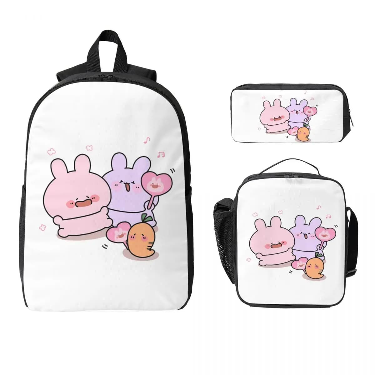 Asamimichaan Zaino carino Asamimi per ragazzi e ragazze, borsa per libri, borsa per la scuola, borse a tracolla per laptop, 3 pezzi, borsa termica per il pranzo, astuccio per matite