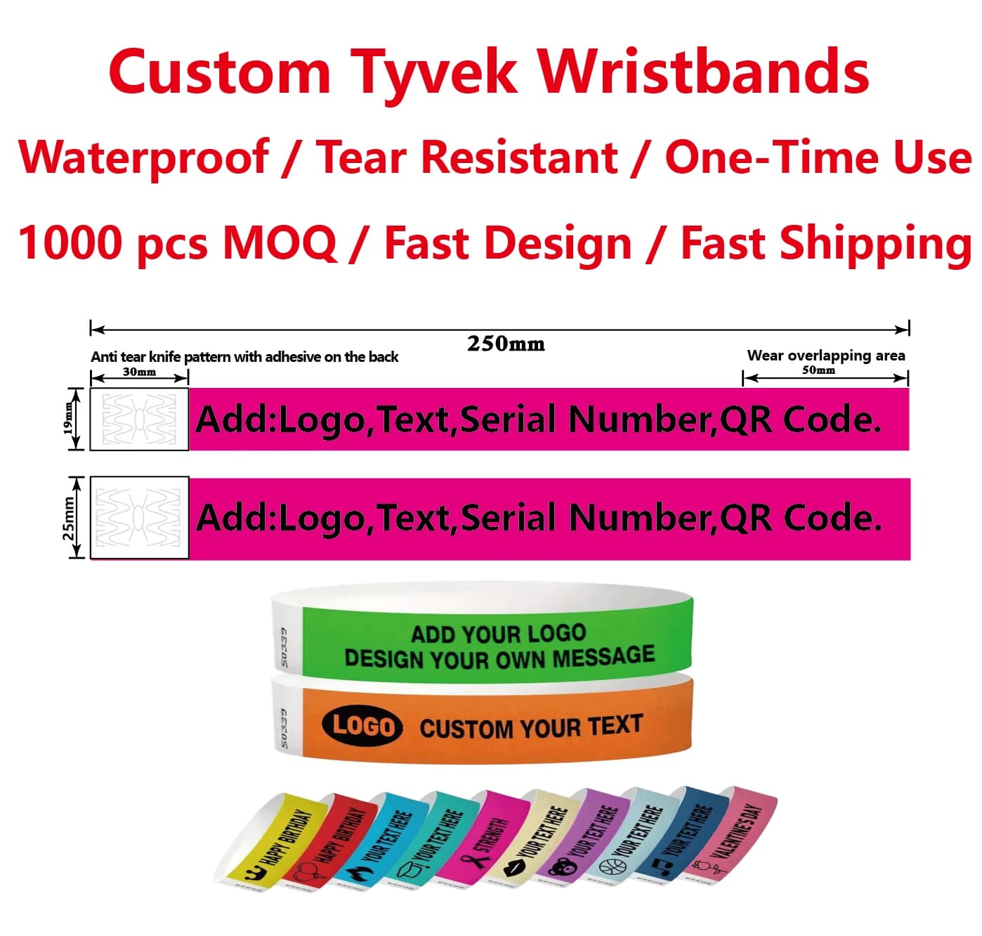 1000 Pezzi Braccialetti Tyvek Impermeabili Personalizzati, Braccialetti di Carta Usa e Getta per Eventi, Feste, Concerti, Club e Identificazione