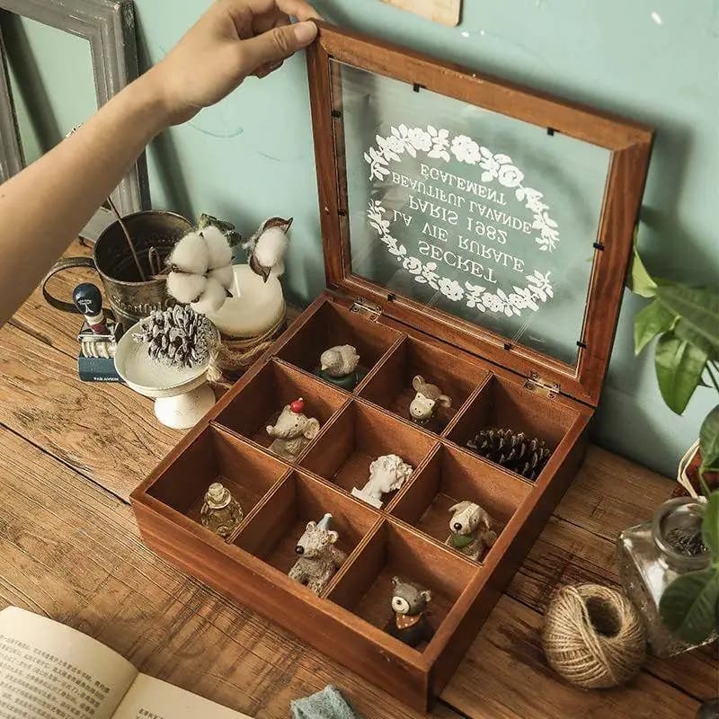Scatola Portaoggetti in Legno Stile Giapponese, Organizer da Scrivania con Nove Scomparti in Acrilico, Scatola Regalo Artigianale per Casa