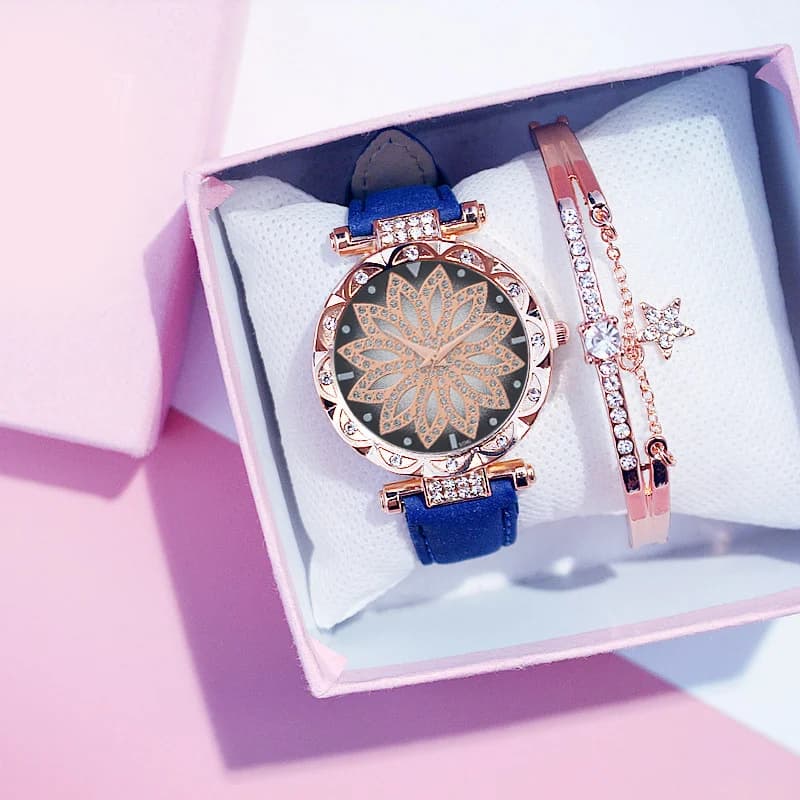 Quartz watch with round pointer with rhinestone decoration, 1 piece and 1 piece, women's watch set with bracelet