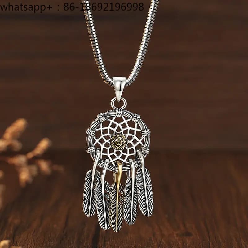 Dream Catcher Silver Necklace Men's Sterling Silver Feather Pendant