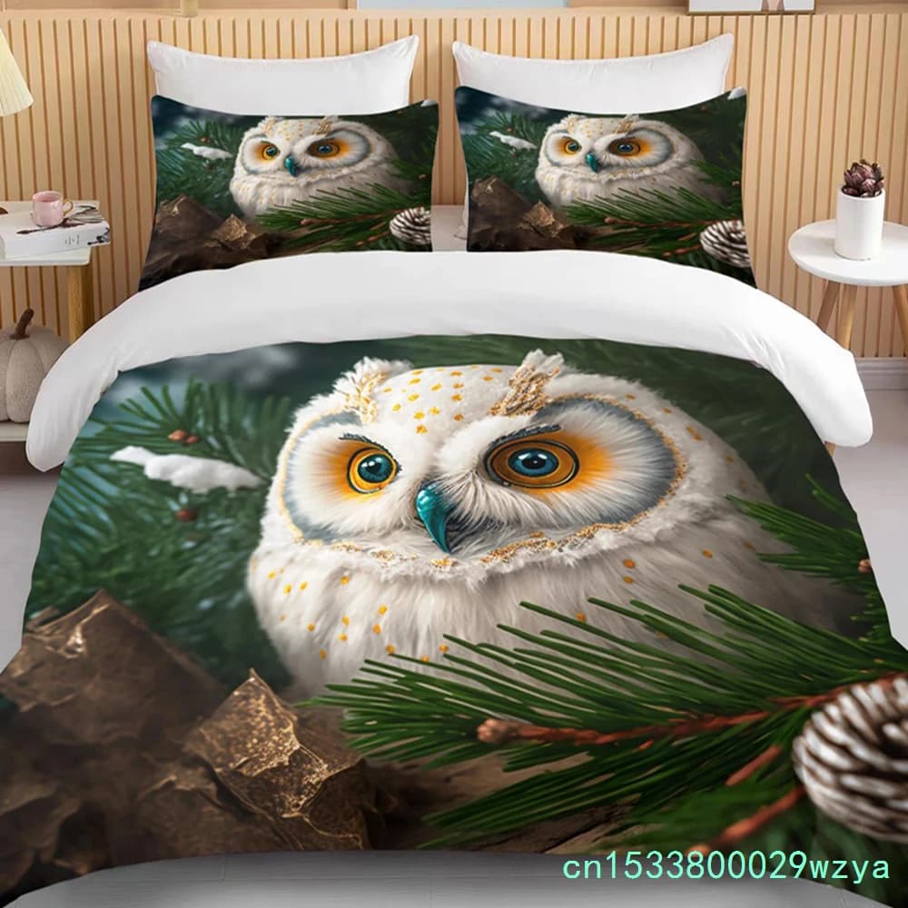 Cute Owl 3D Birds Cartoon Comforter Bedding Set,Duvet Cover Bed Set Quilt Cover Pillowcase King Queen Size Bedding Set Adult Kid