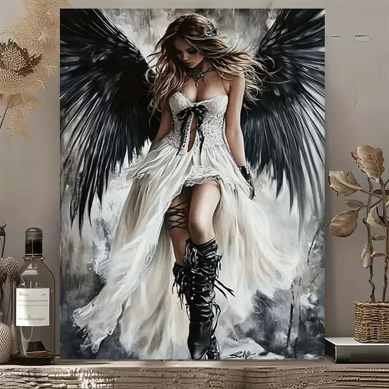 Diamond Painting Dark Angel Fantasy Mural - Gothic Black Wings Female in White Dress for Home and Office Decoration