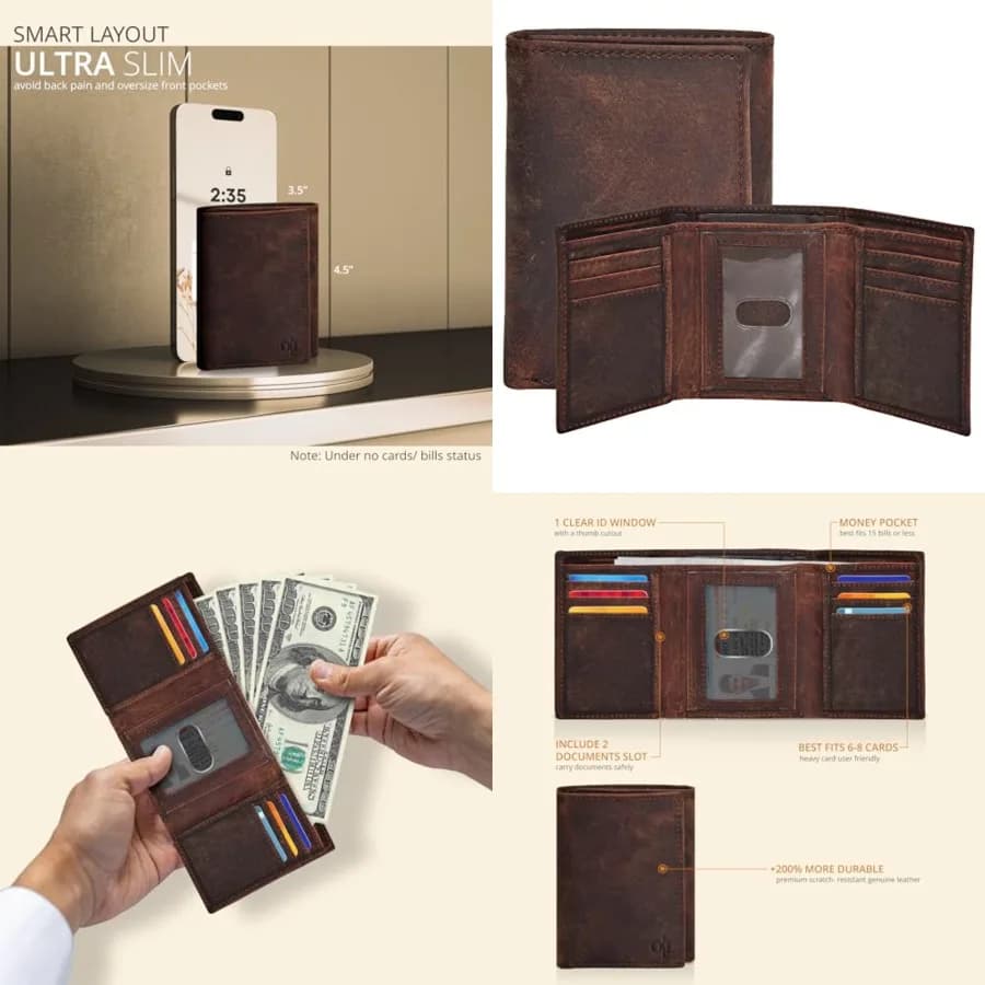 Portafoglio Trifold in Vera Pelle per Uomo con Blocco RFID, Sottile e Minimalista per Tasca Frontale - Elegante e Sottile con Finestra per Documenti, in Confezione Regalo