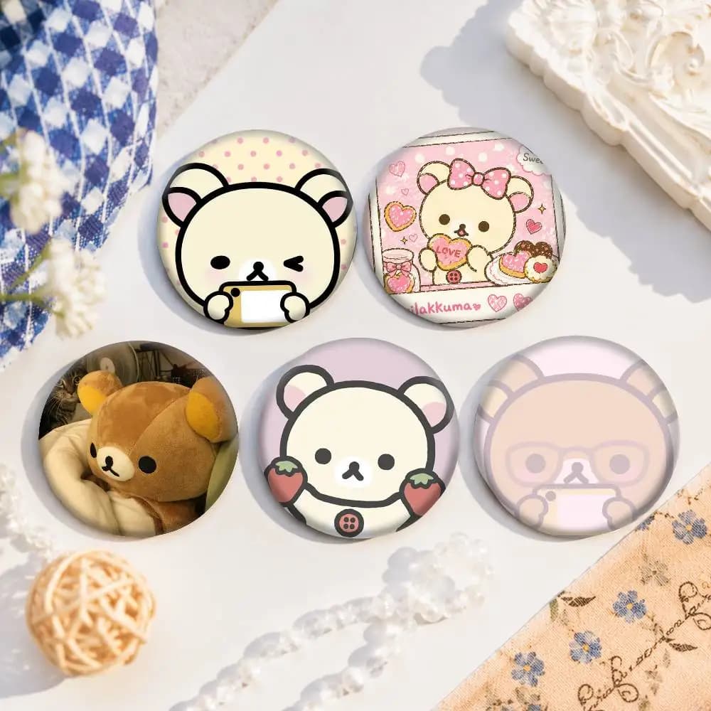 Cute Rilakkuma Bear Snap-in Pins Cartoon Character Round Creative Brooches For Backpack Accessories Jewelry Gifts