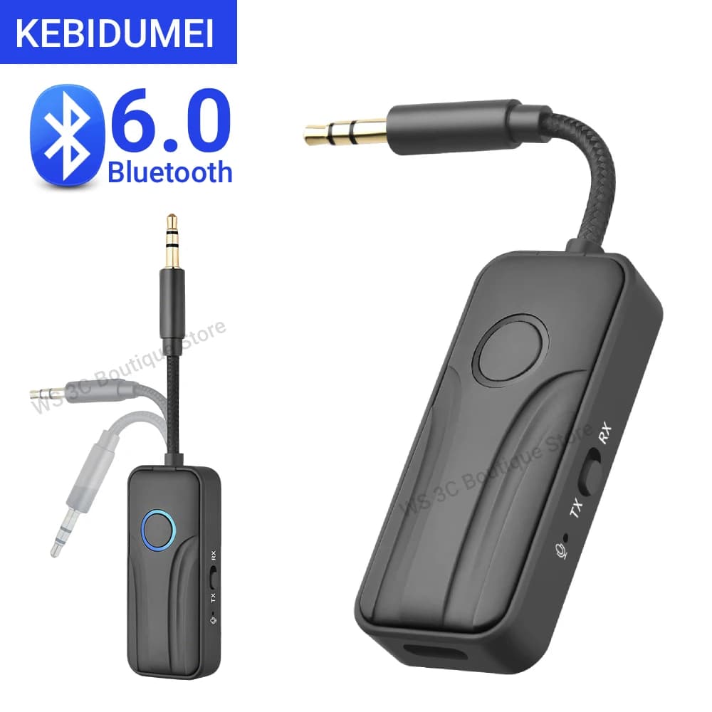 KEBIDUMEI Adattatore audio wireless Bluetooth 6.0 2 IN 1 Ricevitore Trasmettitore HiFi Stereo Musica Microfono da 3,5 mm per auto, aereo, TV, PC