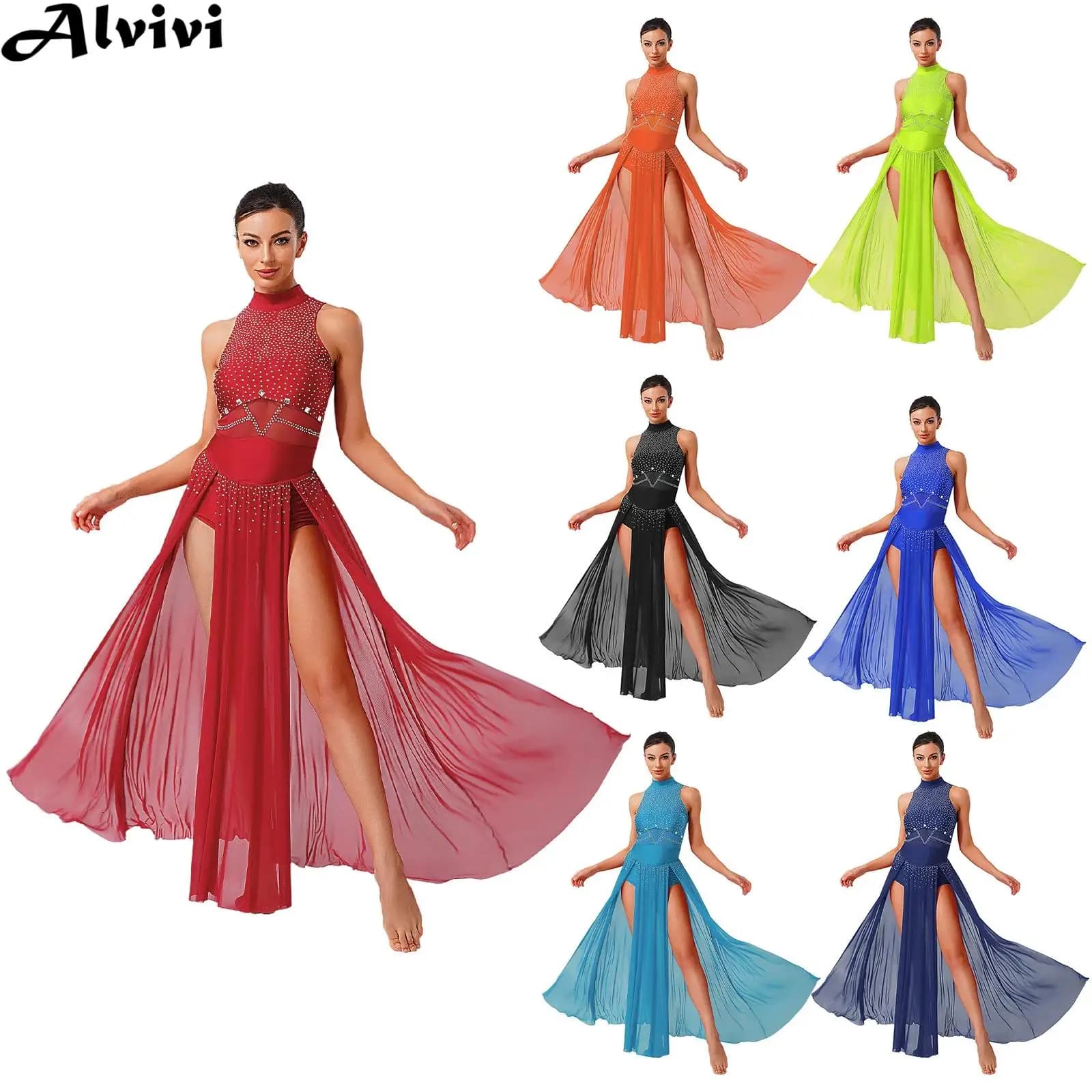 Abito lungo da donna senza maniche con strass in rete trasparente con spacco moderno per danza lirica, pattinaggio di figura, ginnastica, balletto, body da ballo