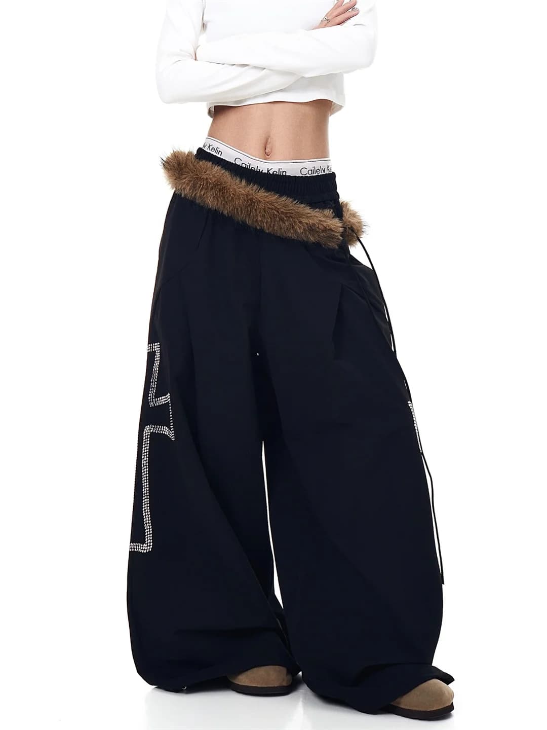Pantaloni Casual a Gamba Larga con Colletto in Pelliccia Rimovibile, Stile Vintage con Cuciture Incrociate e Strass, Pantaloni Larghi a Tutta Lunghezza