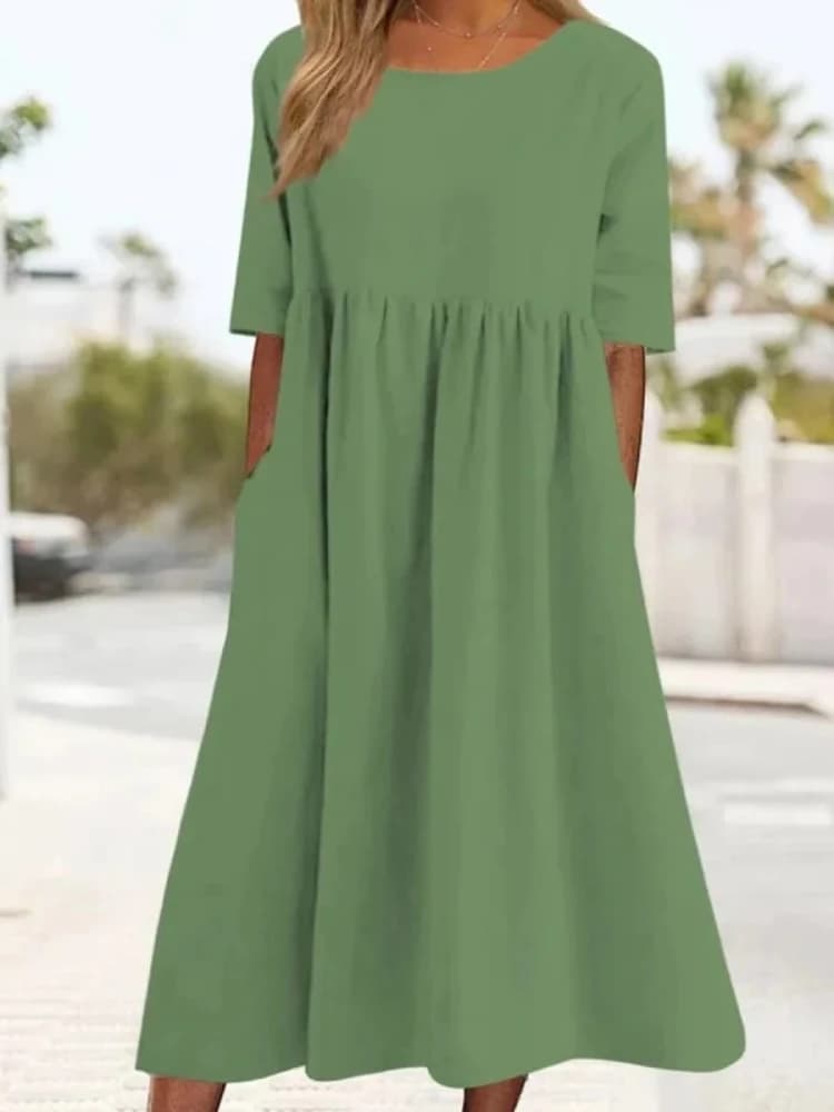 Nuovo abito girocollo da donna alla moda, casual, sciolto, a maniche corte, tinta unita, gonna media e lunga di grandi dimensioni