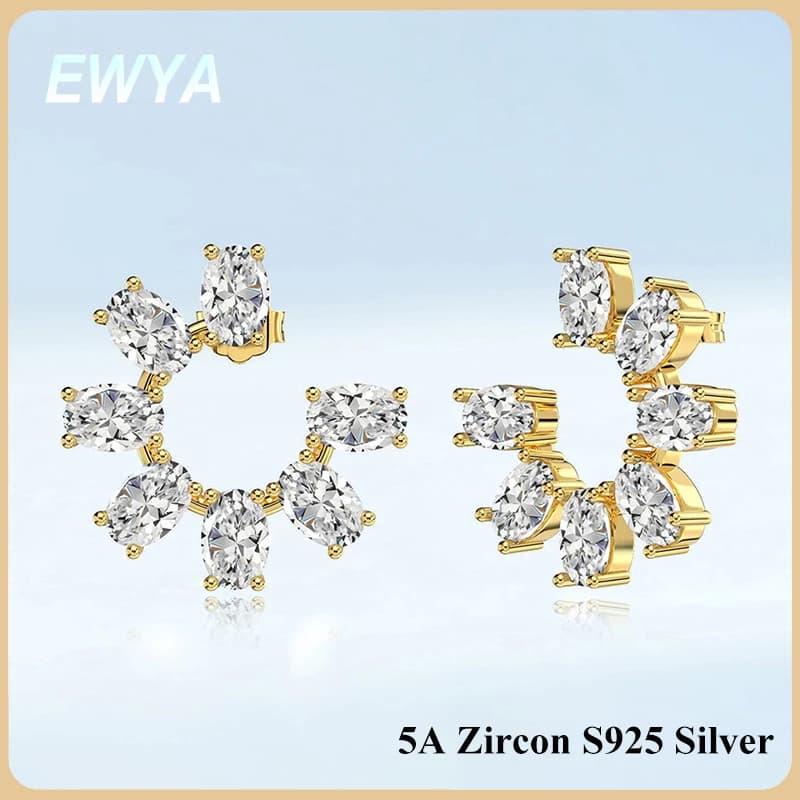 EWYA S925 Sterling Silver Oval 5A Cubic Zirconia C Stud Earrings for Women Open C-Shape Fan Studs Luxury Wedding Party Jewelry