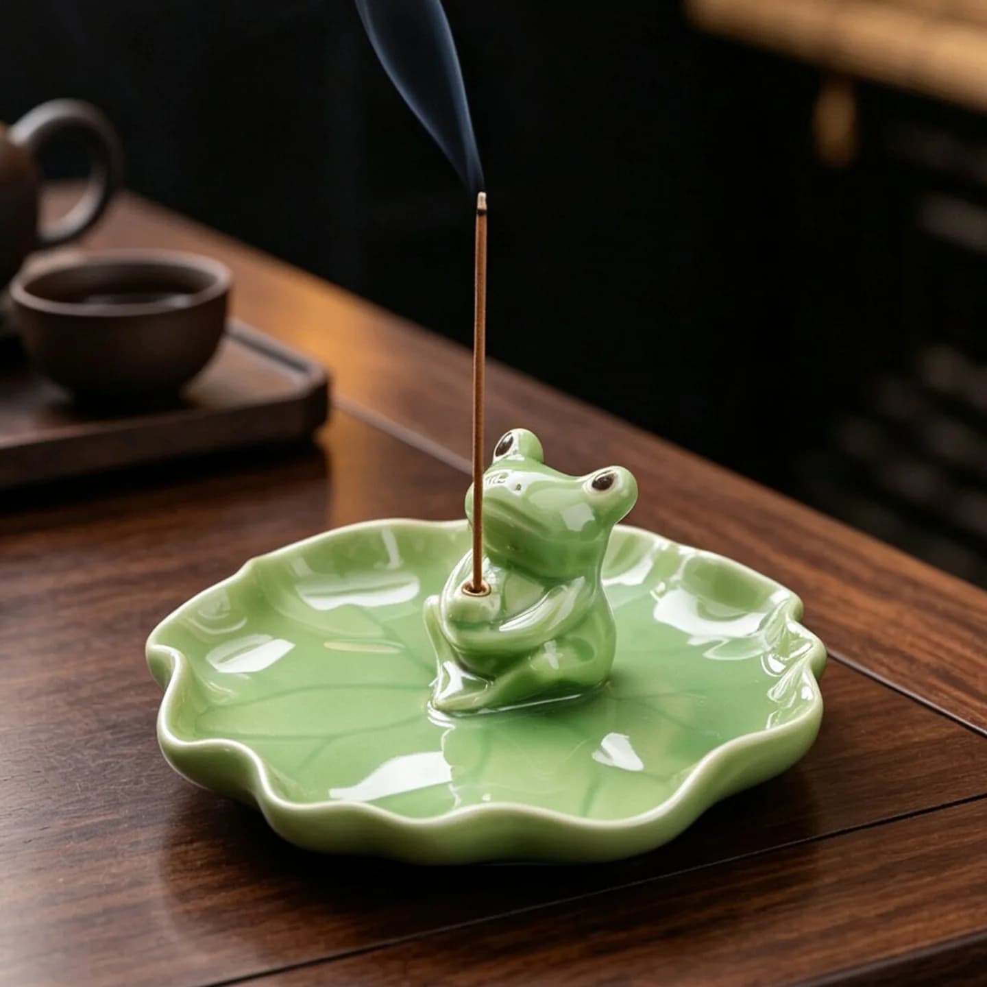 Cute Ceramic Frog Lotus Leaf Incense Stick Holder Home Tea Room Zen Meditation Incense Burner Aroma Tabletop Decor Ornament