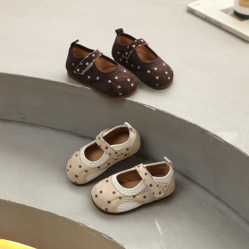 Scarpe Mary Jane per Bambine in Camoscio e Rete con Stampa a Pois, Chiusura a Strappo, Traspiranti, Casual, per Uso Quotidiano