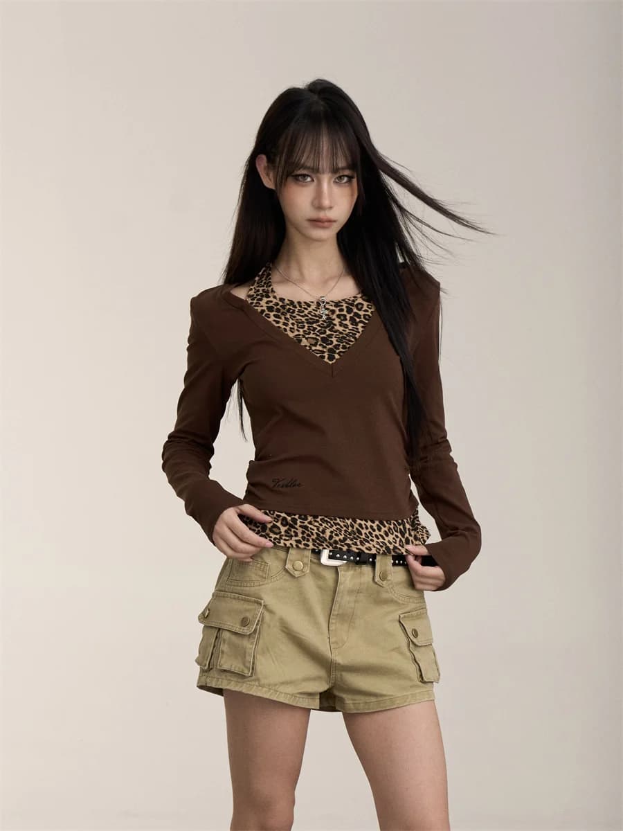 Onlpp American Retro Hot Girl Fake Two-Piece Leopard Print Long Sleeve T-Shirt Women's Slim Fit Hanging Neck Splice Top