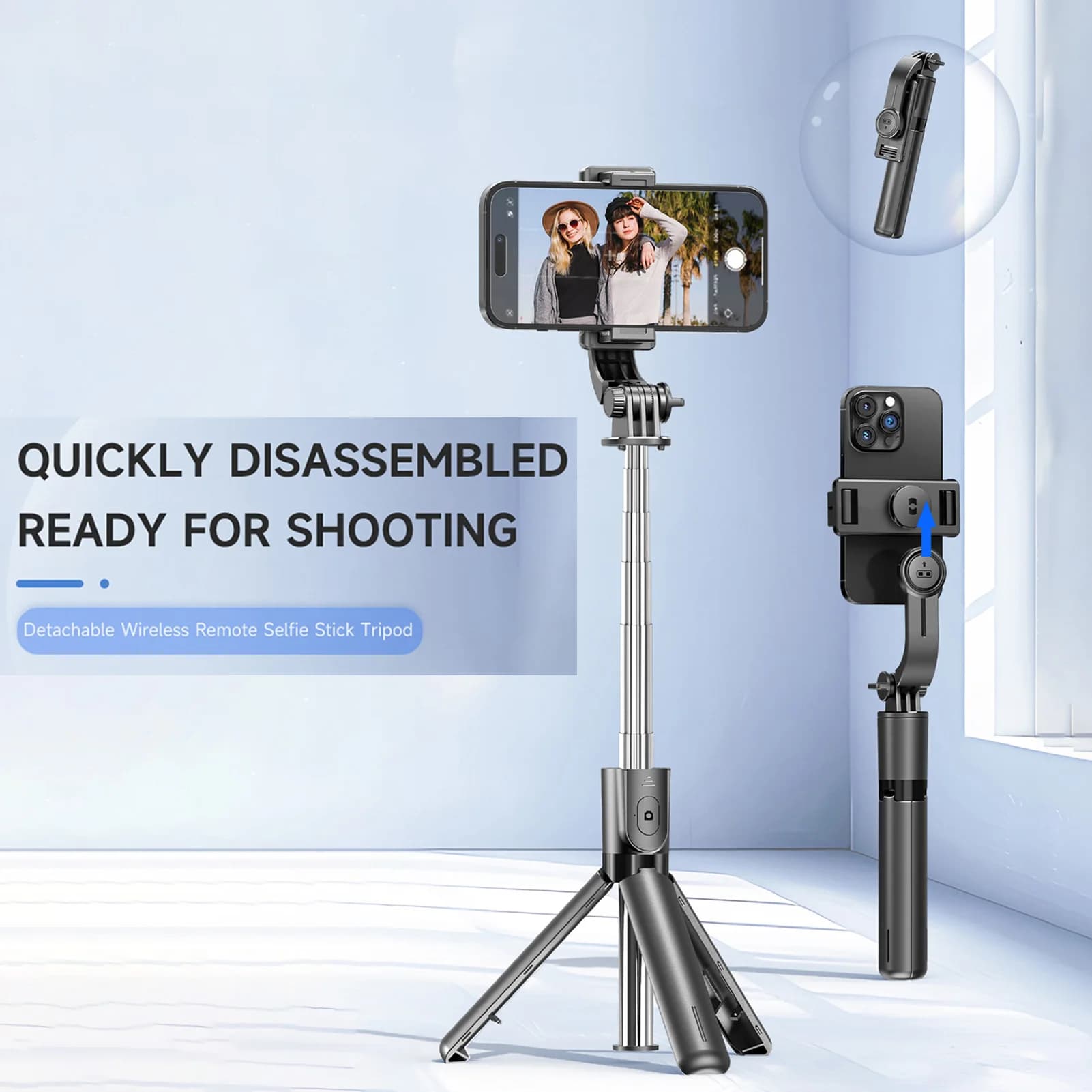 Treppiede allungabile per selfie stick per telefono max. Lunghezza 67,2 cm/16,5 pollici con clip per telefono staccabile Treppiede per telefono con otturatore remoto