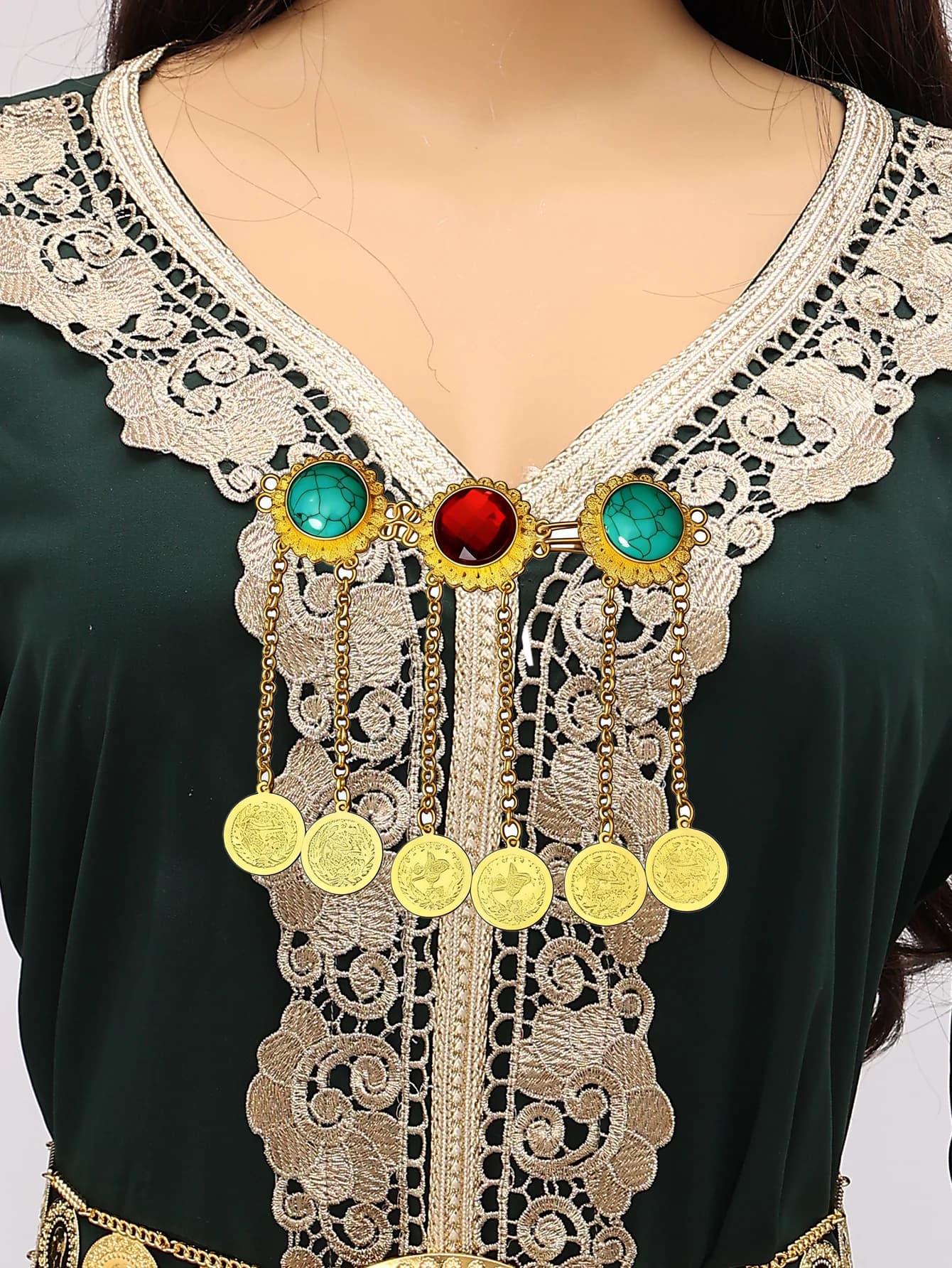 1 Piece of Fashionable Retro Women's Collar Button DIY Handmade Button with Inlaid Artificial Gemstones and Turkish Coin Pendant, Women's Robe Clothing Accessory