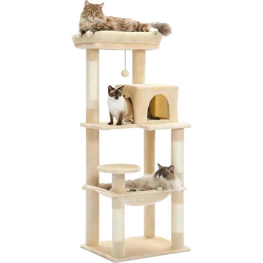 Grande Torre per Gatti da 56,3 Pollici con Cuccia a 2 Porte, 6 Ripiani, Tiragraffi e Postazione Superiore, Beige