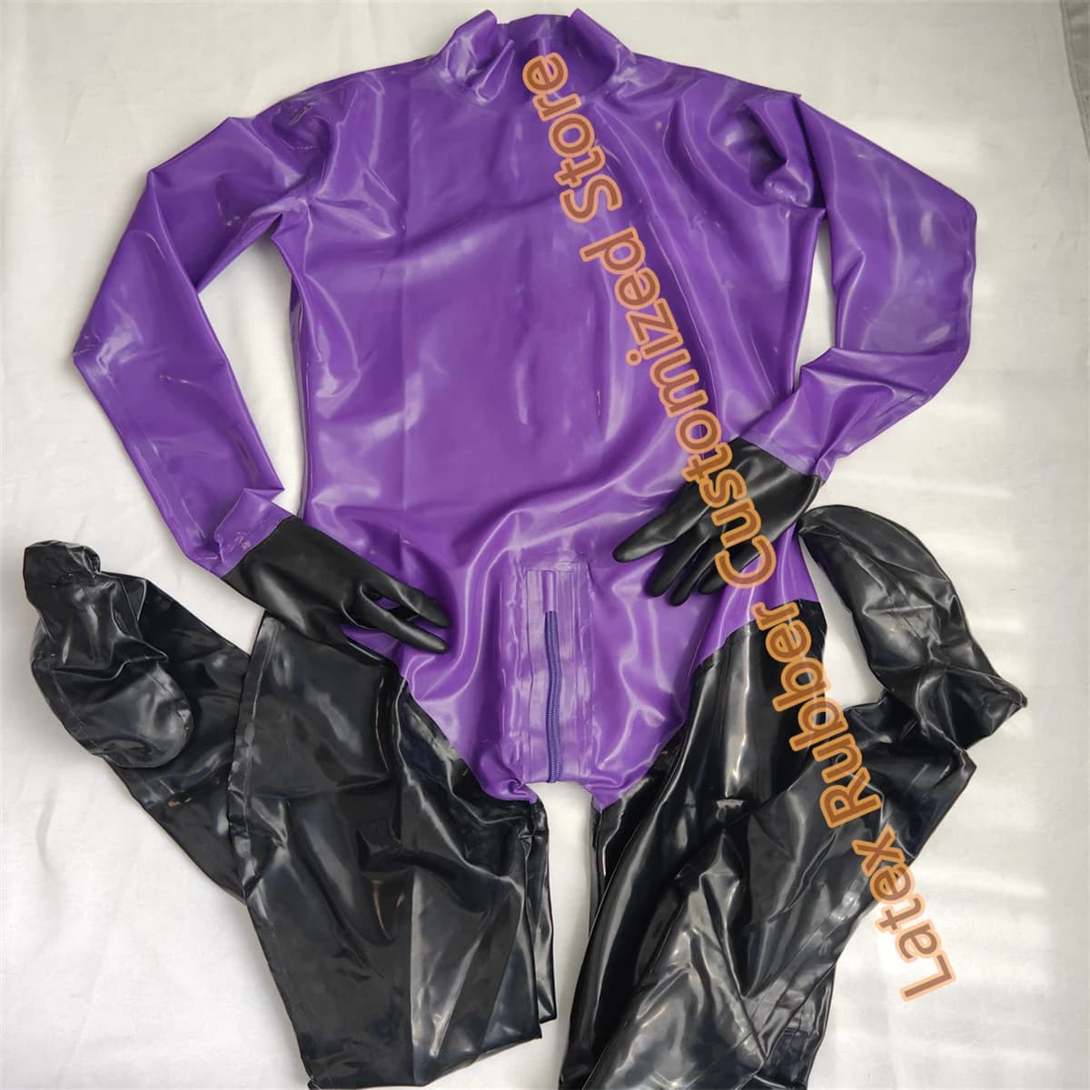 Body in gomma Catuit in lattice di lingerie sexy fatta a mano con guanti Calzini viola con nero per donna Taglie forti Realizzato su misura