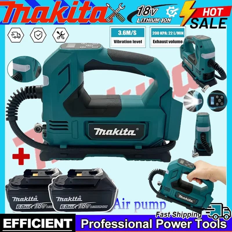 Compressore d'aria portatile Makita senza fili, elettrico, con batteria da 18V, per gonfiare pneumatici di auto, biciclette e palloni.
