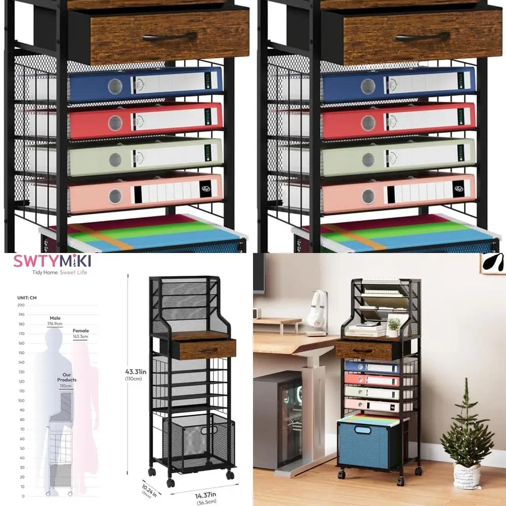 Carrello portadocumenti in rete a 10 livelli con cassetto e cartelle sospese, armadietto con rotelle con serratura per casa, ufficio e scuola, finitura Espresso