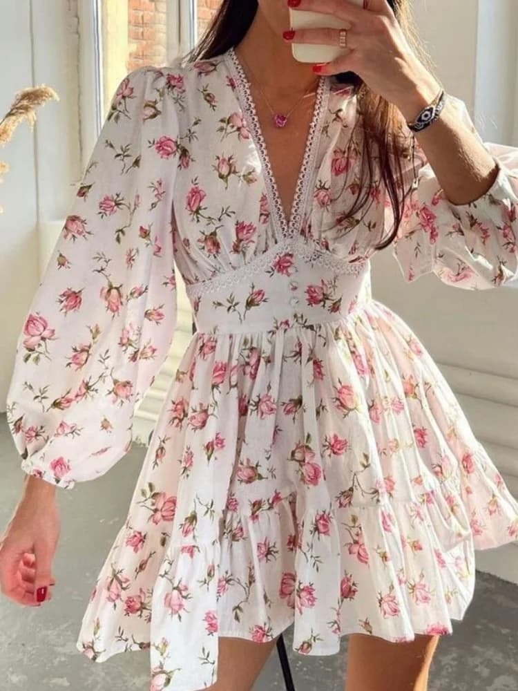 2025 Summer Women's Dress New Temperamento Sweet Print With Neckline V Waist Dress Short Dress Traf Mujer Dresses De Fiesta