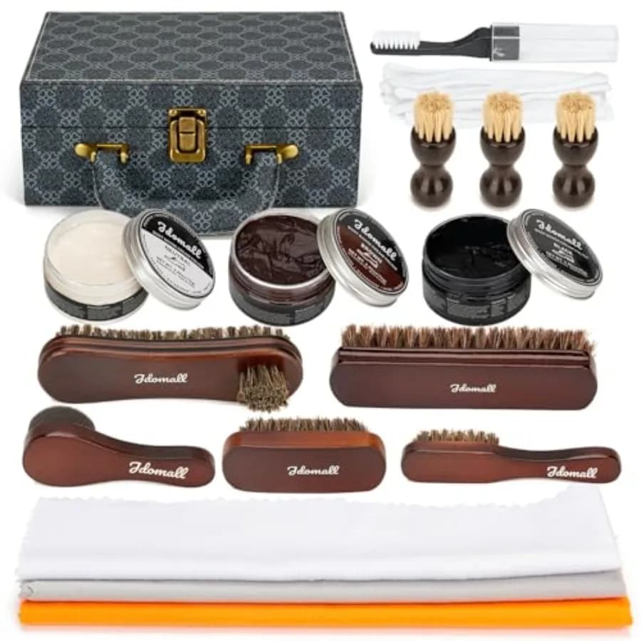 Kit per la Cura delle Scarpe - 16 Pezzi Blu: Kit Premium Deluxe per Lucidatura Scarpe - Spazzole in Crine di Cavallo per Lucidatura Nera, Marrone e Neutra, Panno per Lucidatura e
