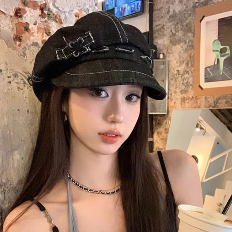 Y2K Personalized Hole Design Denim Newsboy Hats for Women and Men Spring Summer New Travel Versatile Niche Octagonal Berets