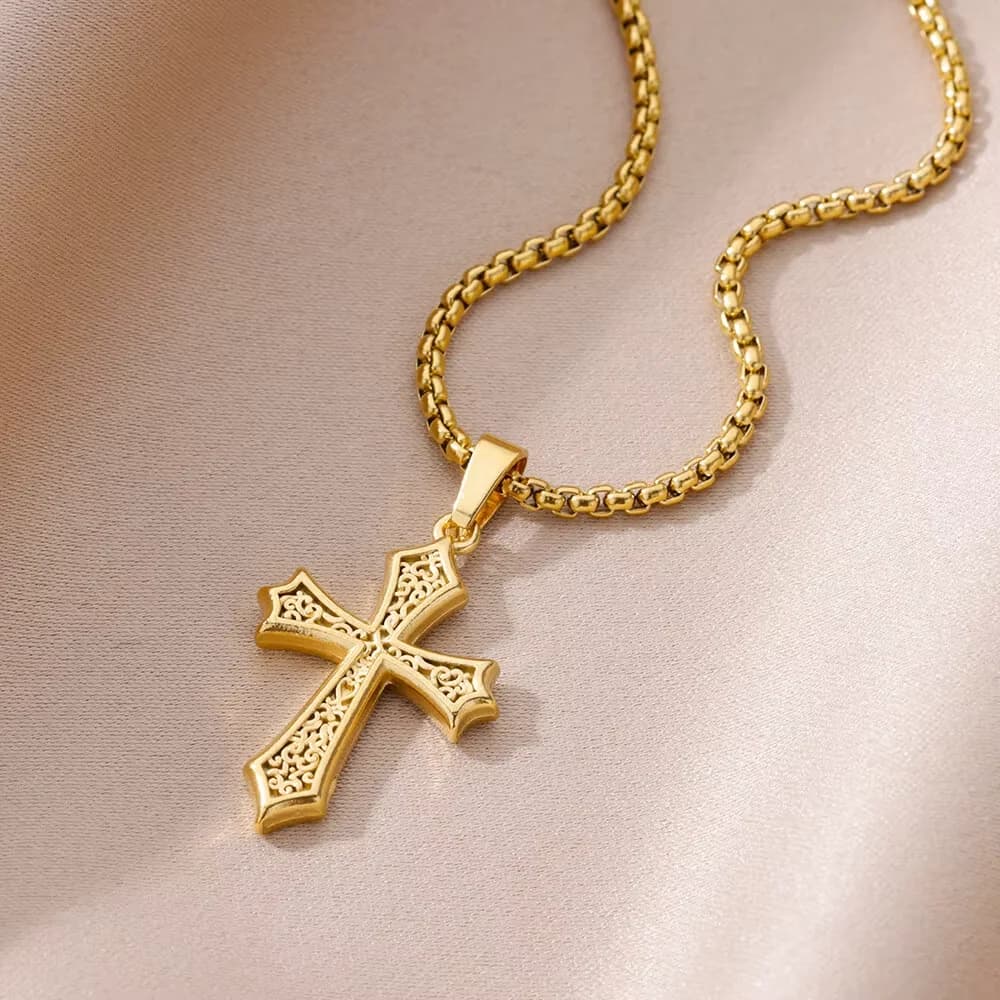 Gold Color Stainless Steel Cross Pendant Necklace For Men Women Religious Charm Choker Lucky Jewelry Gift Bijoux Femme