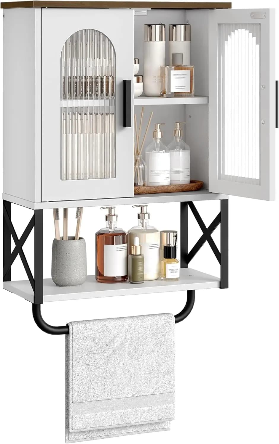 Armadietto a Muro con Ripiani Regolabili, Ante in Vetro e Portasciugamani, Finitura Bianco Noce per Bagno e Cucina