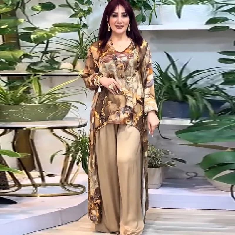 Set da donna musulmano Top lungo Pantaloni a gamba larga Camicetta con stampa Ensemble Dubai Islam 2025 Abiti casual Pantaloni arabi Abito da 2 pezzi