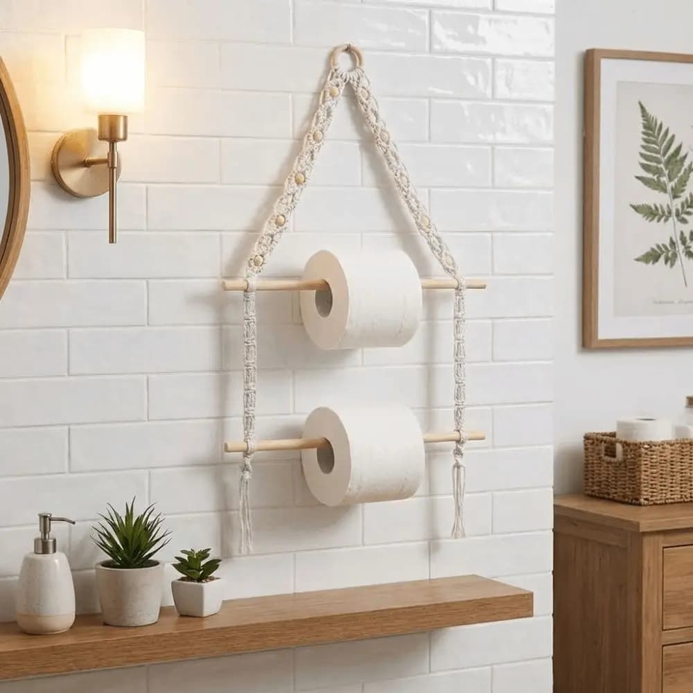 Porta Rotolo di Carta Igienica in Legno Intrecciato a Mano, Doppio Strato, da Parete, con Corda in Cotone, Organizzatore per Asciugamani