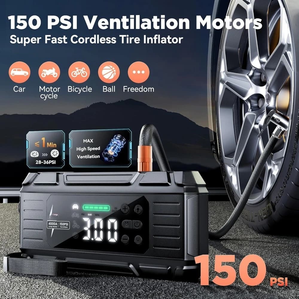 Avviatore di Emergenza Portatile per Auto con Compressore d'Aria 4000A 150PSI, Gonfiatore Pneumatici e Power Bank per Auto e Camper