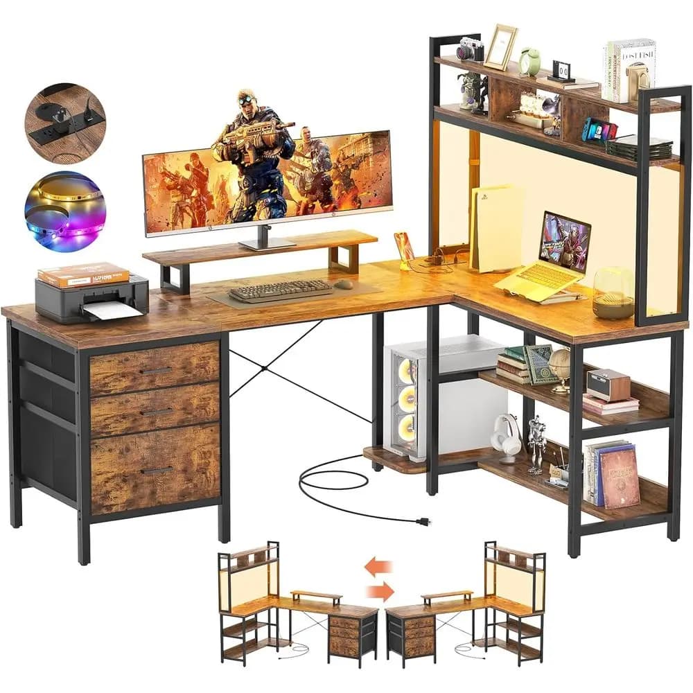 Scrivania a L Rustica Marrone con Mobiletto, Scrivania da Gaming con LED, Scrivania per Computer Reversibile con Presa di Corrente, Scrivania con Gestione Cavi