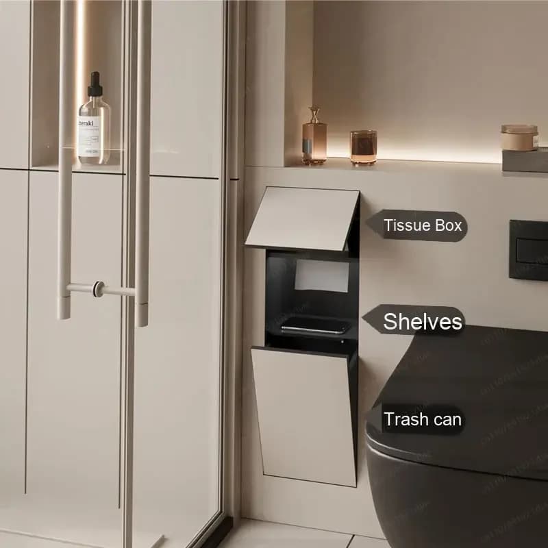 Nicchia per WC in acciaio inox SSM 304 con cestino per rifiuti nascosto integrato nel dispenser di carta igienica, nicchia per WC a scomparsa.