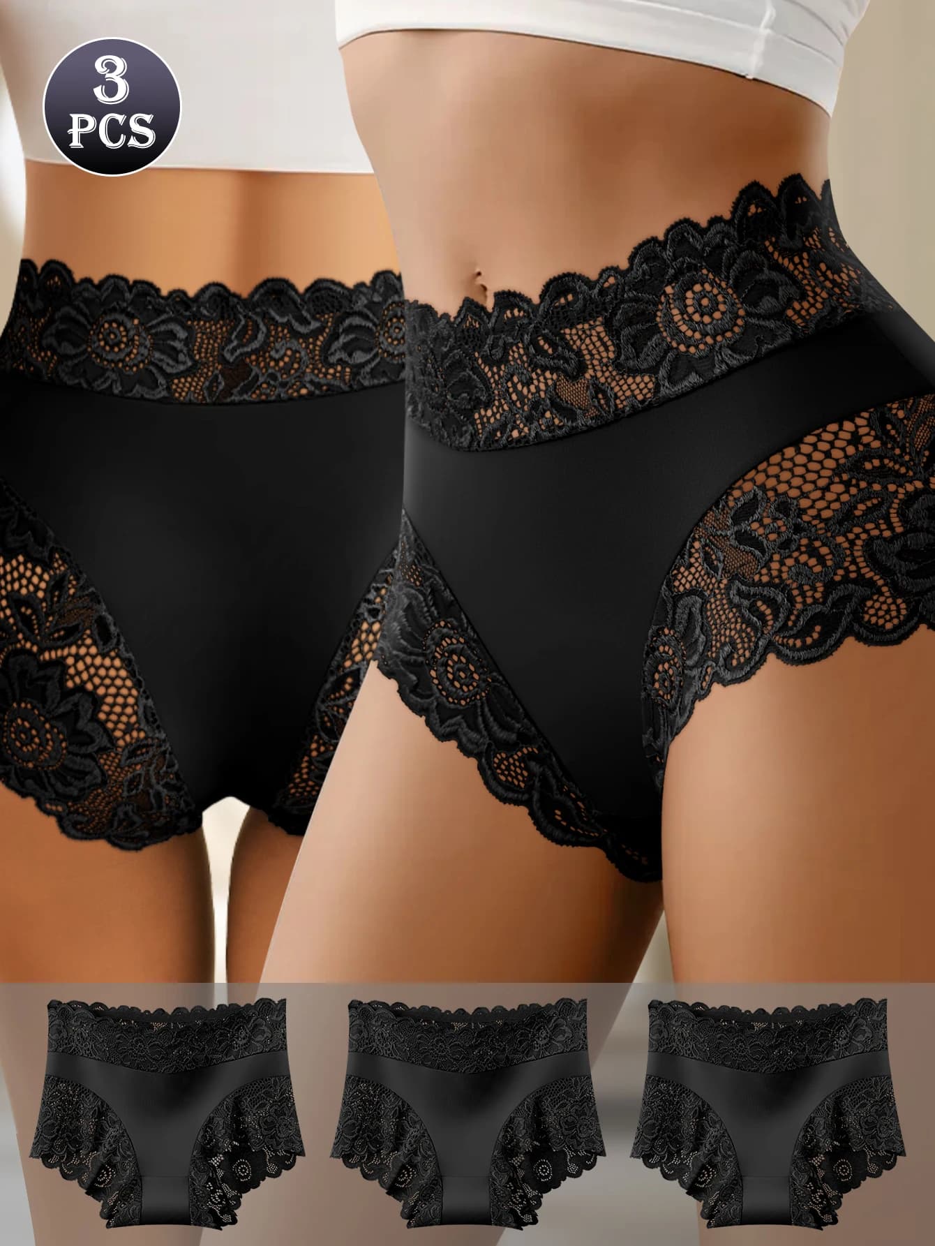 3 pezzi/set di mutandine di pizzo slip da donna vuoti tinta unita slip floreali sexy slip serie nera cava biancheria intima da donna