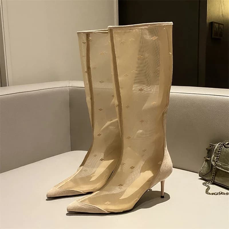 Eilyken Stivali al ginocchio da donna in rete sexy Tacchi sottili Punta a punta Sandali con cerniera moda Scarpe Zapatillas De Muje
