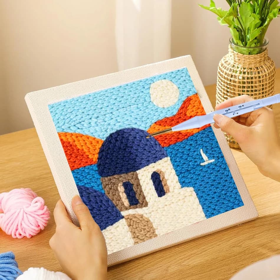 DIY Punch Needle Embroidery Kit Sea Scenery Creative Rug Hooking Set Beginner Yarn Handmade Craft with Frame Home Decor Gift