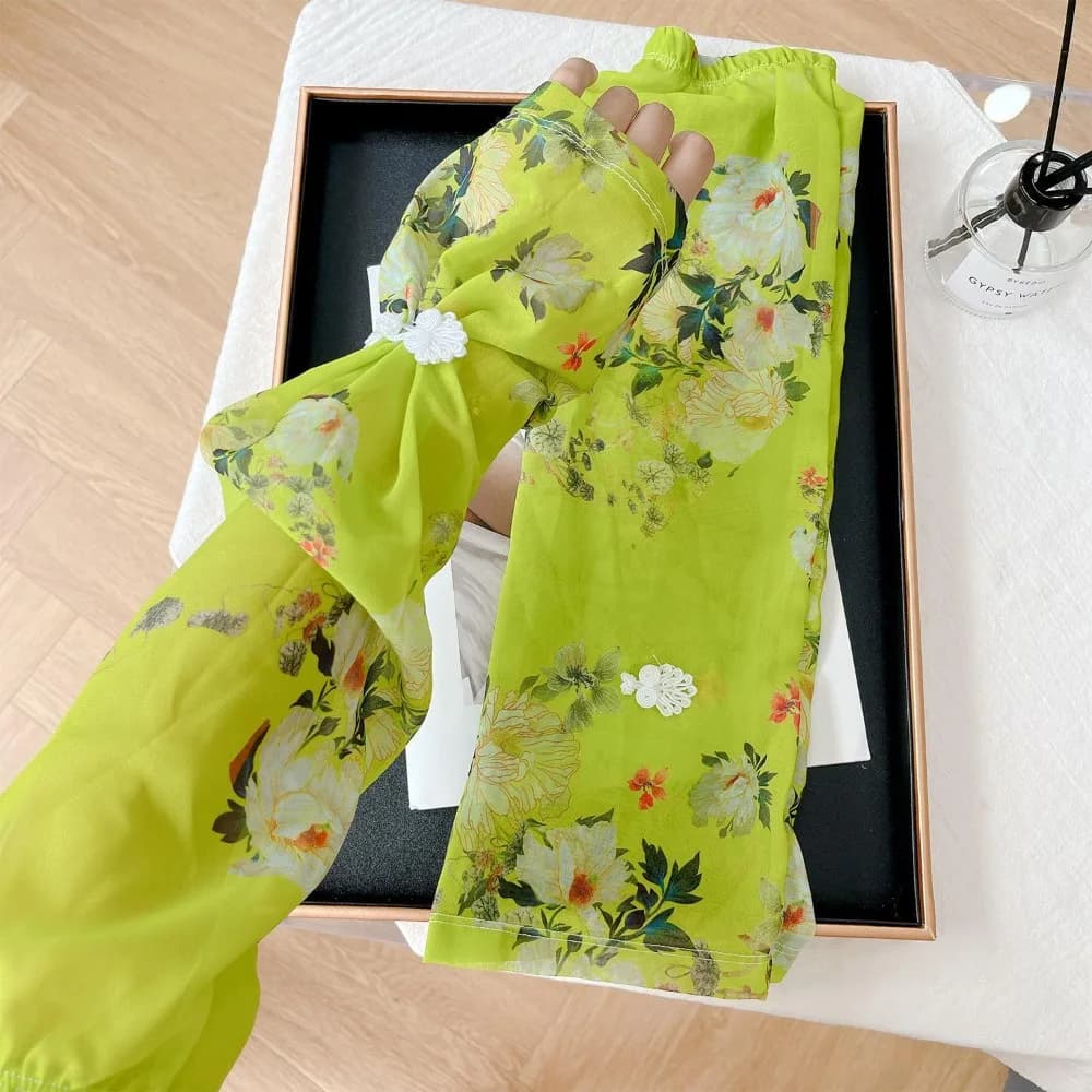 Manicotti in Seta Ghiaccio Stile Cinese con Stampa Floreale, Anti-UV, in Chiffon, Protezione Solare, Copri Braccio, Guanti da Ciclismo