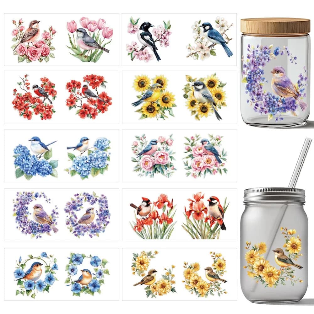 PVC DIY Heat Transfer Paper for UV Sublimation Cup Bird 110x240mm 10 style 1pc/style 10pcs/set