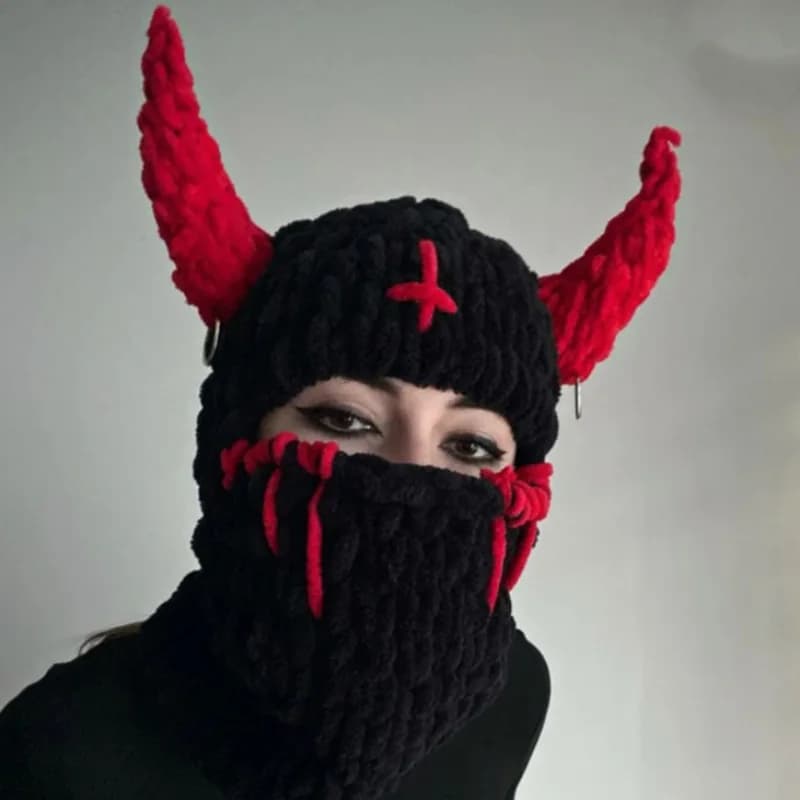 Divertenti corna da diavolo Cappello lavorato a maglia creativo Caldo copertura integrale Maschera calda e fresca per donna uomo inverno halloween oggetti di scena cospaly