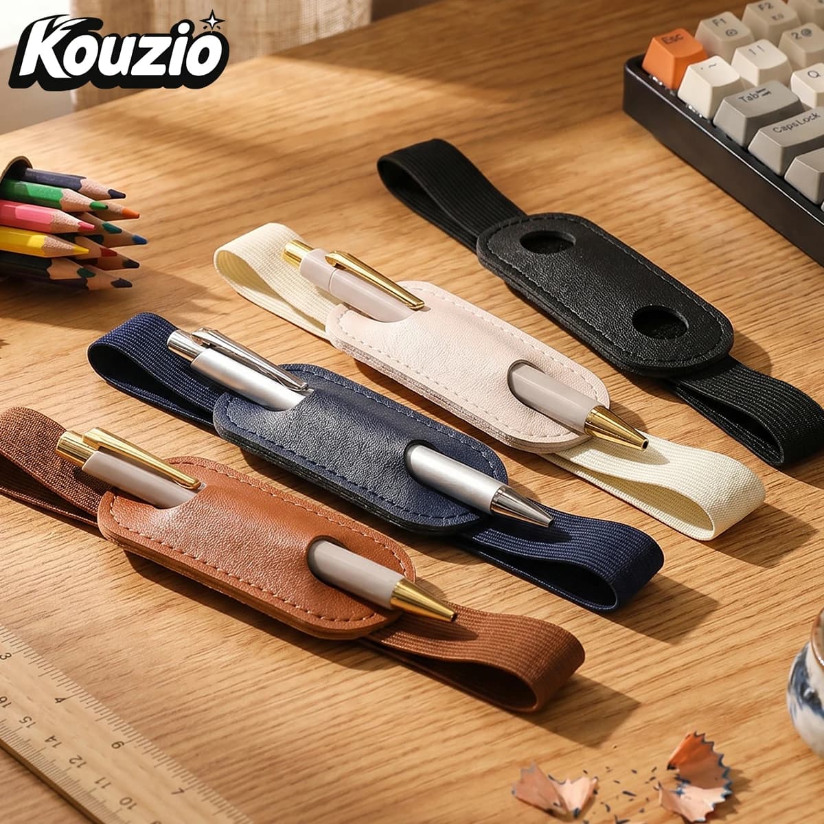 PU Leather Elastic Pen Holder for Notebook, Journal Pencil Loop, Stretch Pen Sleeve Organizer - KOUZIO