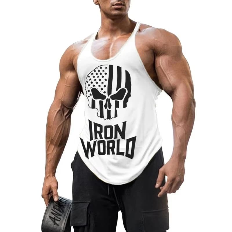 Top da allenamento per stringer fitness da uomo con retro a Y, con grafica teschio, in cotone, per allenamento muscolare
