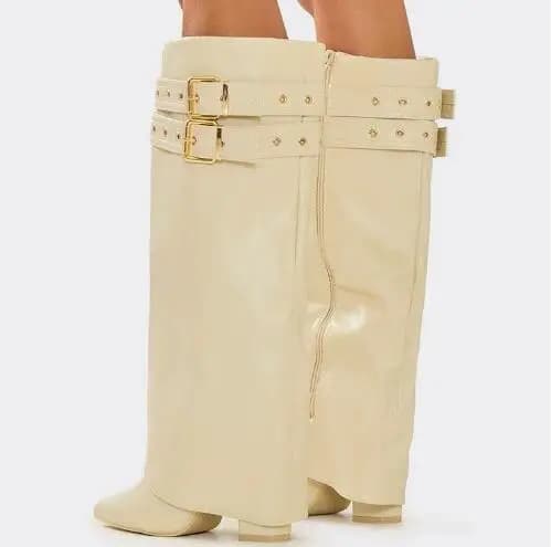 Women winter Beige Black Solid Leather Double Buckle Belt Toe Toe Square Heels Side Hinge High Knee Boots Women's Modern Boots