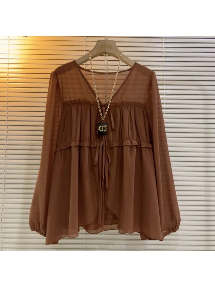 plus Size Women's Fashionable Age-Defying Chiffon Top Loose Meat-Covering Belly- Concealing French Style Polyester Long Sleeve