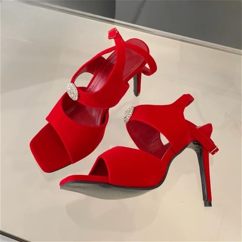 Velvet Luxury Heels Woman Sandals Pumps Rhinestone Ankle Buckle Open Toe Stiletto Heel Shoes Designer Party Dress Shoes Tacones