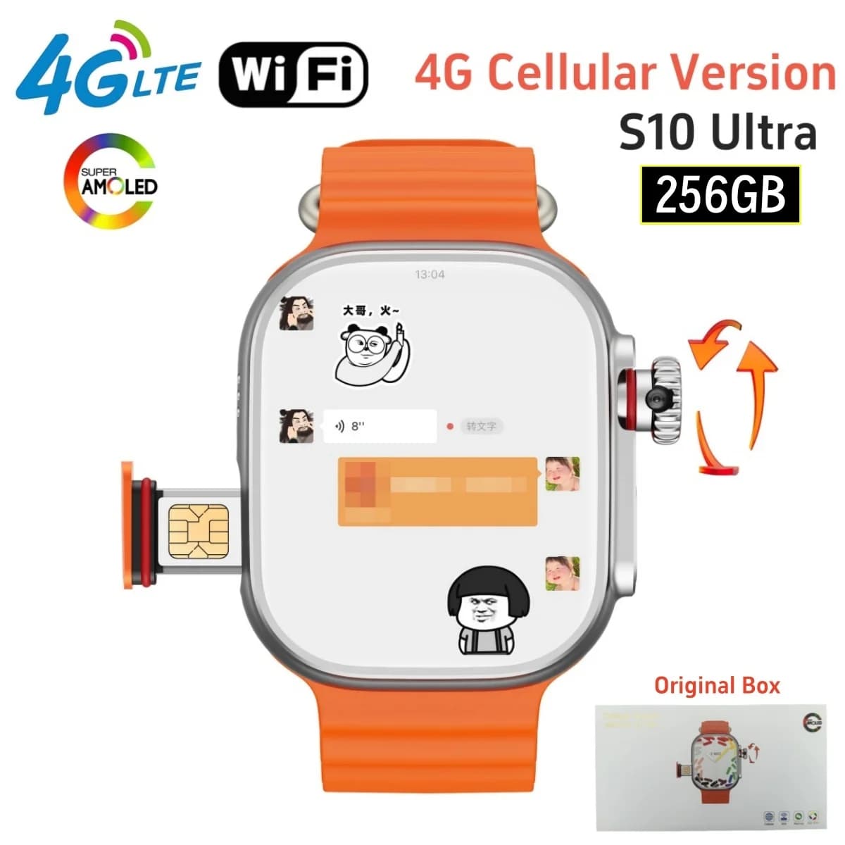 32 + 256GB 4G Smart Watch Android System with 2,2 inch Amoled Screen 800W GPS 4g SIM card S10 Ultra Smartwatch for Men