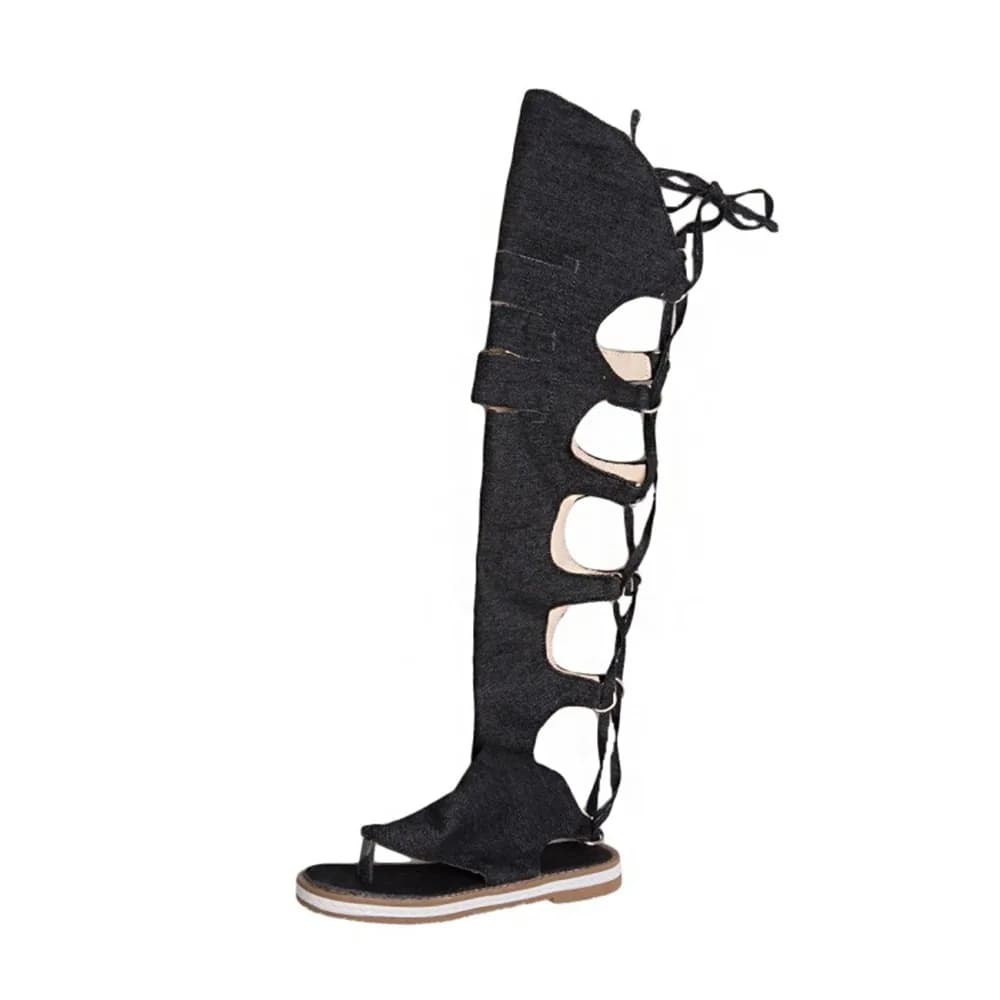 Women Knee High Gladiator Sandals Back Lace Up Hollow Out Thong Boots Flat Summer Shoes 34-43 66-5