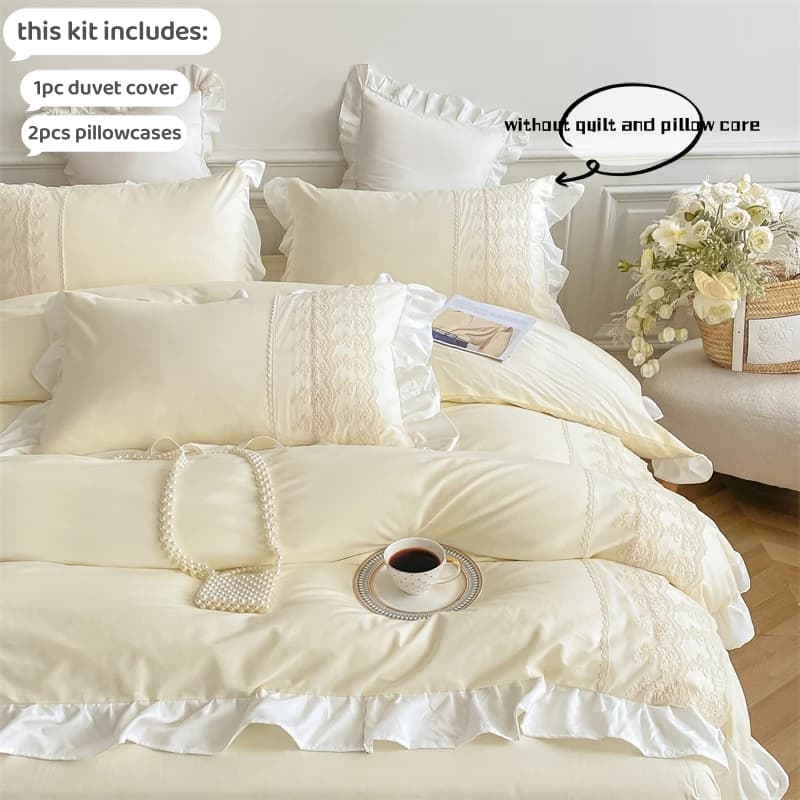 Set di 3 federe in stile principessa, set copripiumino con federe, set di biancheria da letto in pizzo, king e double, beige